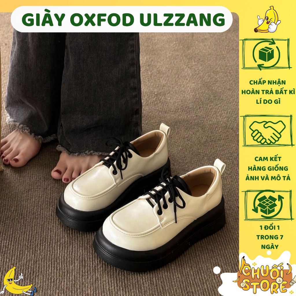 Giày oxfod nữ đế bánh mì cao 5cm ulzzang phối màu đen trắng chất da PU cao cấp phù hợp đi học đi chơi