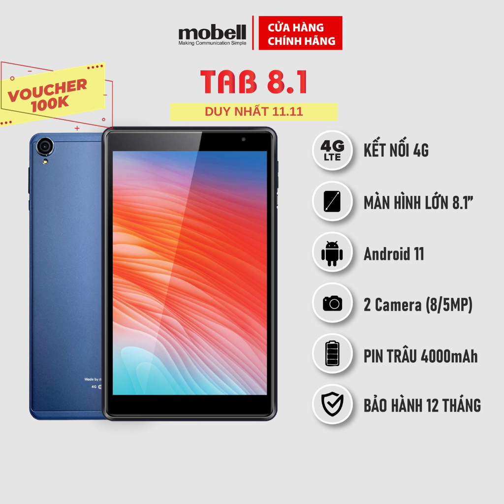 Máy Tính Bảng mobell Tab 8.1 Android 11 4G+WIFI RAM 2G