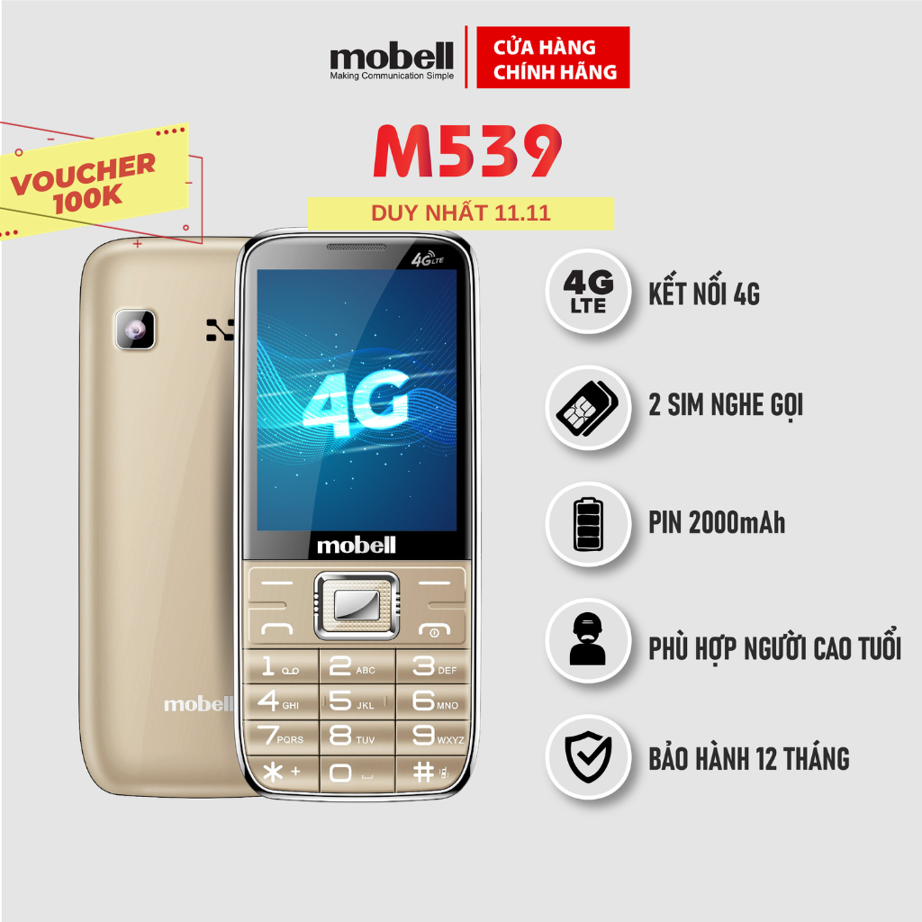 Điện Thoại Mobell M539 Chính Hãng 2 SIM 4G Hỗ Trợ Mở Rộng Bộ Nhớ 64Gb Bảo 12 Tháng