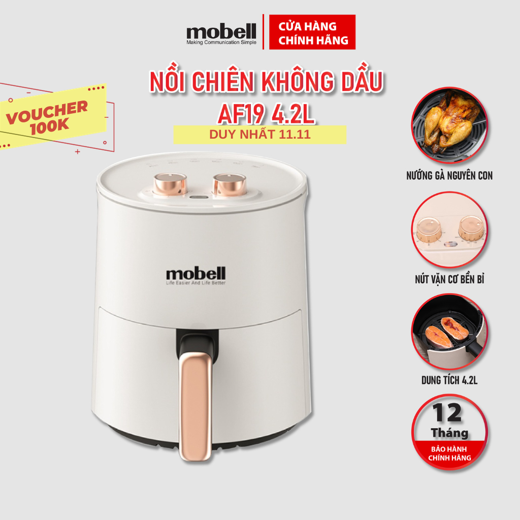 Nồi Chiên Không Dầu 4.2L mobell AF-19 Loại Bỏ 80% Dầu Mỡ Nút Cơ Đôi Chỉnh Tay