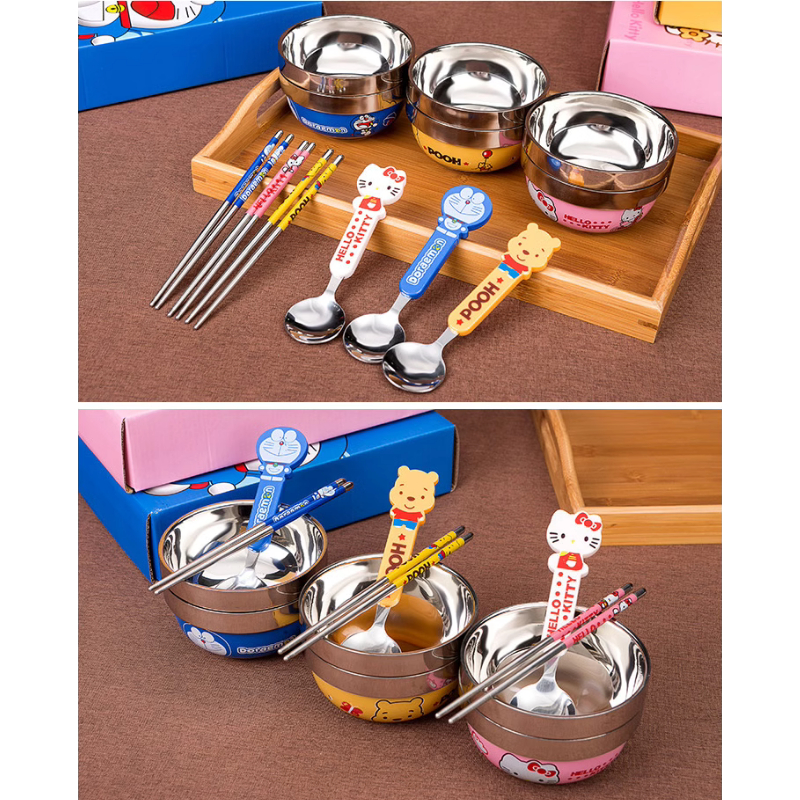 Bộ bát quà tặng dễ thương cho bé họa tiết Doremon, Hellokity, Gấu Pooh inox 304 an toàn không độc hại