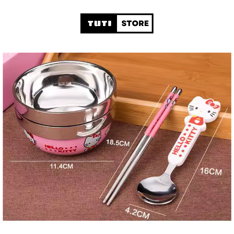 Bộ bát quà tặng dễ thương cho bé họa tiết Doremon, Hellokity, Gấu Pooh inox 304 an toàn không độc hại