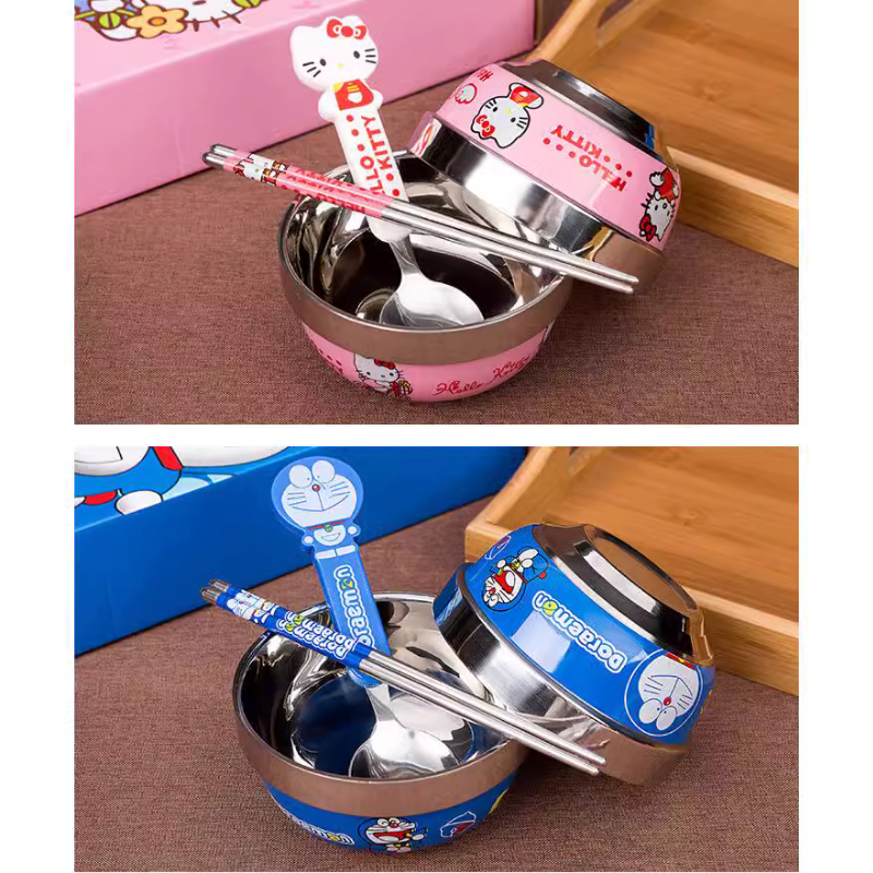 Bộ bát quà tặng dễ thương cho bé họa tiết Doremon, Hellokity, Gấu Pooh inox 304 an toàn không độc hại