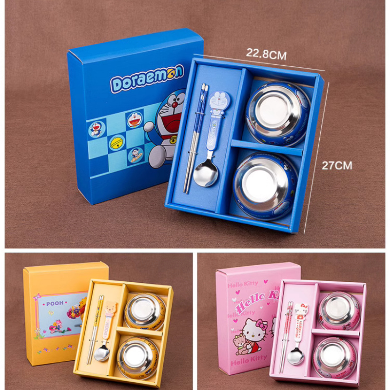 Bộ bát quà tặng dễ thương cho bé họa tiết Doremon, Hellokity, Gấu Pooh inox 304 an toàn không độc hại