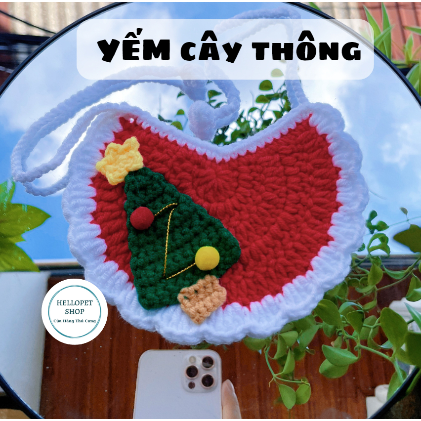 Yếm len giáng sinh cho chó mèo, Vòng cổ len hình cây thông tuần lộc mềm mại không xù có gắn charm cho thú cưng đủ size