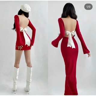 Đầm body phối nơ sau chất len tăm đầm nữ mùa giáng sinh