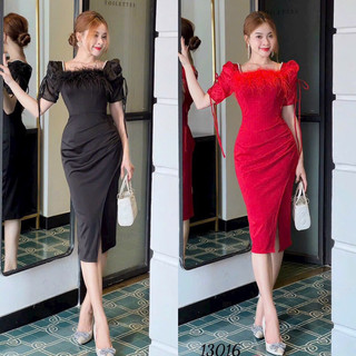 Đầm dự tiệc body cổ đính lông vũ vai đá (Free/big size M-2XL)