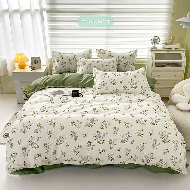 Bộ Chăn Ga Gối Cotton 3D Mịn Decor, Set 4 Món Họa Tiết Hoa Lá Mềm Mịn MIỄN PHÍ Bo Chun
