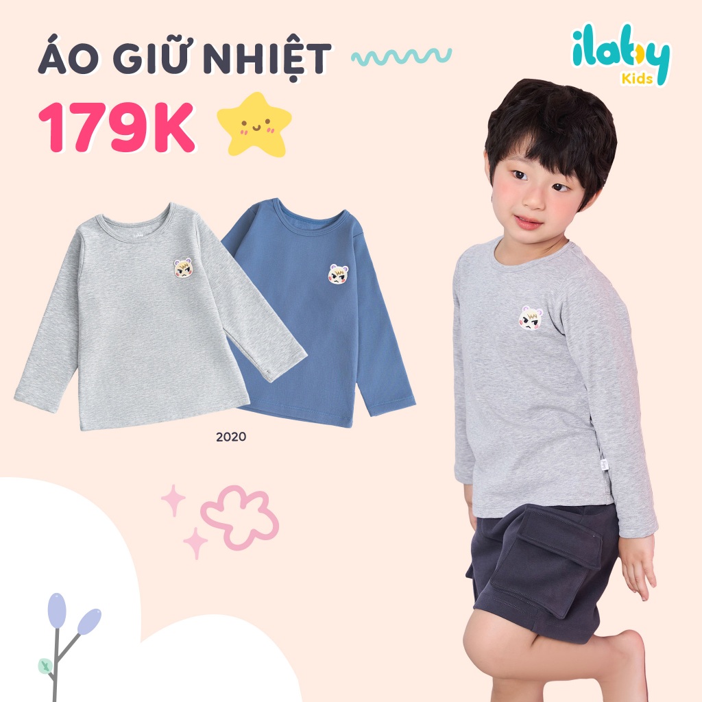 Áo giữ nhiệt cho bé ILABY cổ tròn thêu hình ngộ nghĩnh chất liệu nỉ lót lông cho bé 10-35kg 4 màu