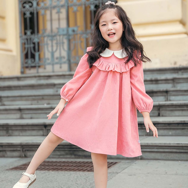 Váy nhung bé gái ILABY cổ phối can bèo chất liệu nhung tăm mềm mại cho bé 10-35kg