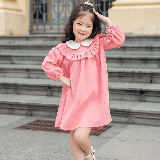 Váy nhung bé gái ILABY cổ phối can bèo chất liệu nhung tăm mềm mại cho bé 10-35kg