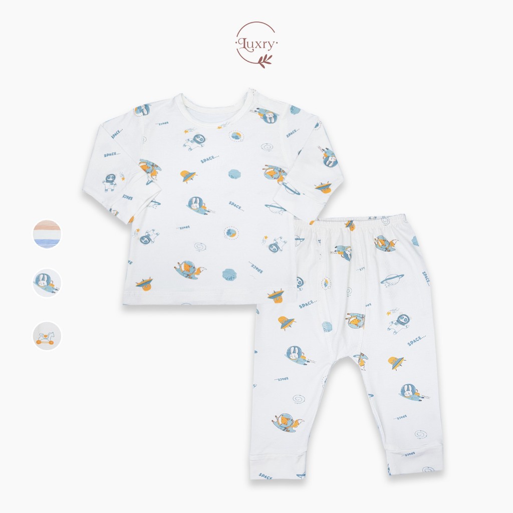Bộ quần áo dài tay cài vai peptit Luxry họa tiết đáng yêu cho bé từ 6 tháng đến 5 tuổi