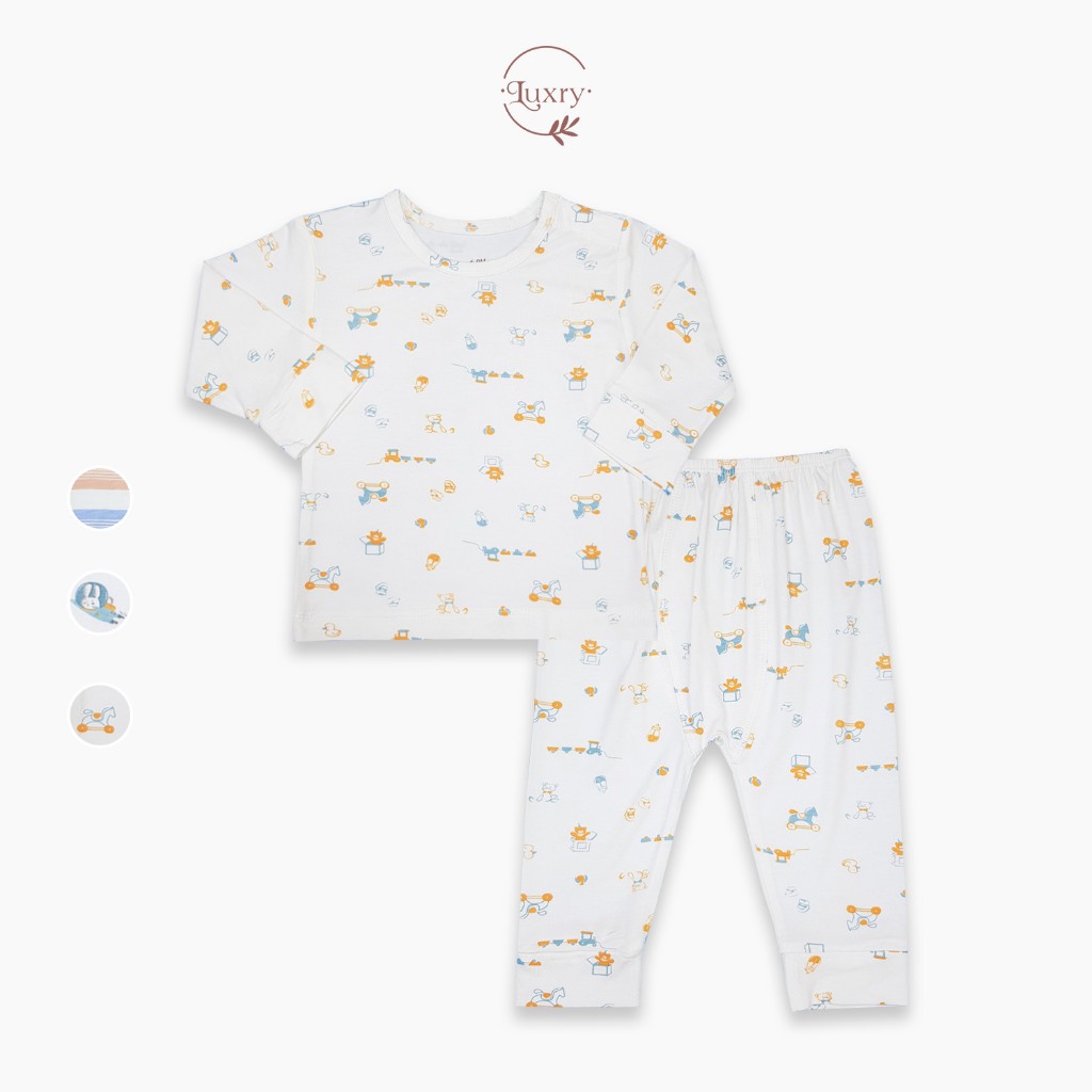 Bộ quần áo dài tay cài vai peptit Luxry họa tiết đáng yêu cho bé từ 6 tháng đến 5 tuổi