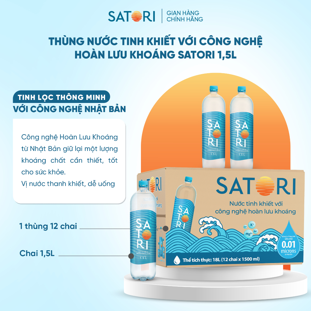 Thùng 12 Chai Nước Tinh Khiết Hoàn Lưu Khoáng SATORI (1.5L/Chai)