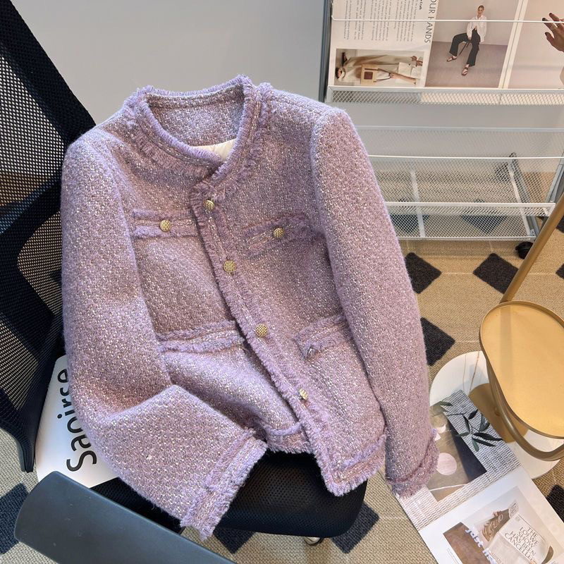 Áo Khoác Dạ Tweed Màu Tím Pastel Cúc Vàng Hàng Quảng Châu