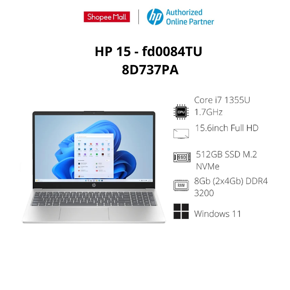 Laptop HP 15 fd0084TU 8D737PA (Core i7 1355U/ 8GB/ 512GB SSD/ Intel Iris Xe Graphics/ 15.6inch Full HD/ Windows 11 Home