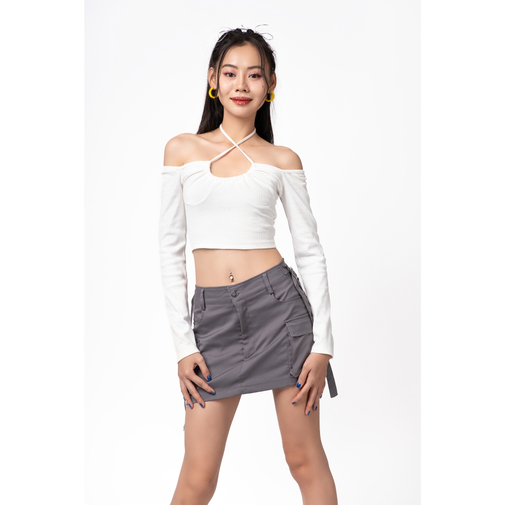 Áo croptop nữ tay dài khoen ngực TOPTIFY kiểu bẹt vai viền ngực Layla Top AC239