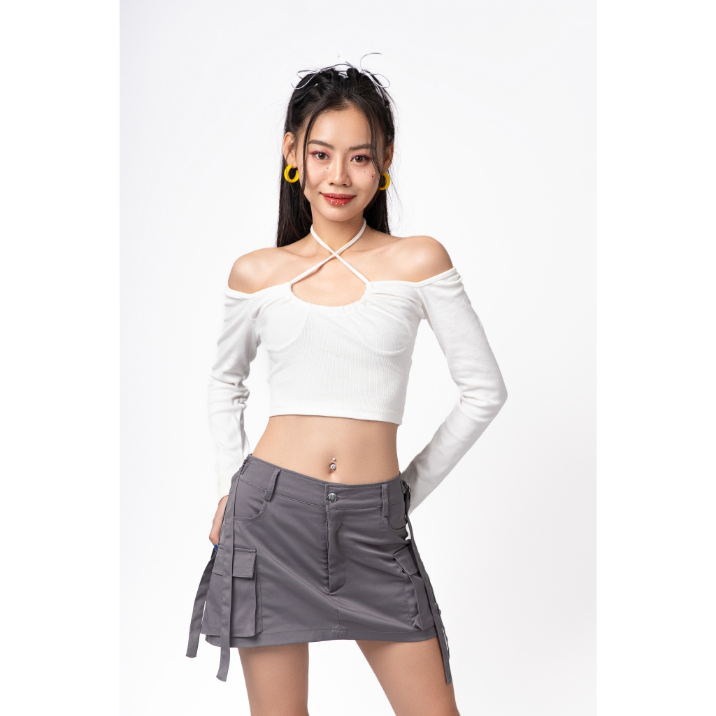 Áo croptop nữ tay dài khoen ngực TOPTIFY kiểu bẹt vai viền ngực Layla Top AC239