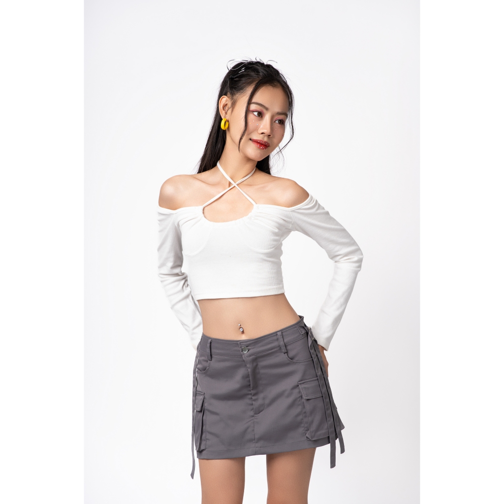 Áo croptop nữ tay dài khoen ngực TOPTIFY kiểu bẹt vai viền ngực Layla Top AC239