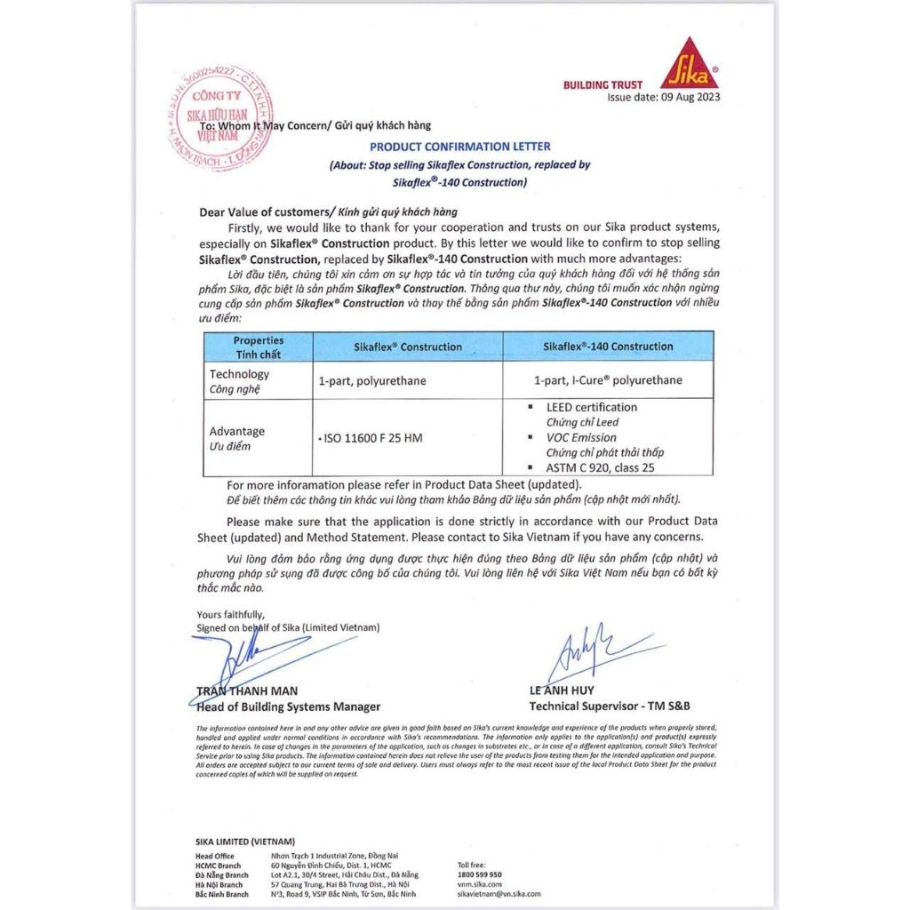 Keo trám khe đàn hồi vĩnh viễn, trám nứt cho tường và sàn - Sikaflex-140 Construction