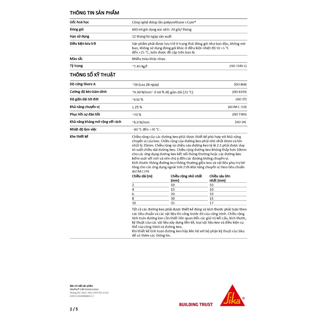 Keo trám khe đàn hồi vĩnh viễn, trám nứt cho tường và sàn - Sikaflex-140 Construction