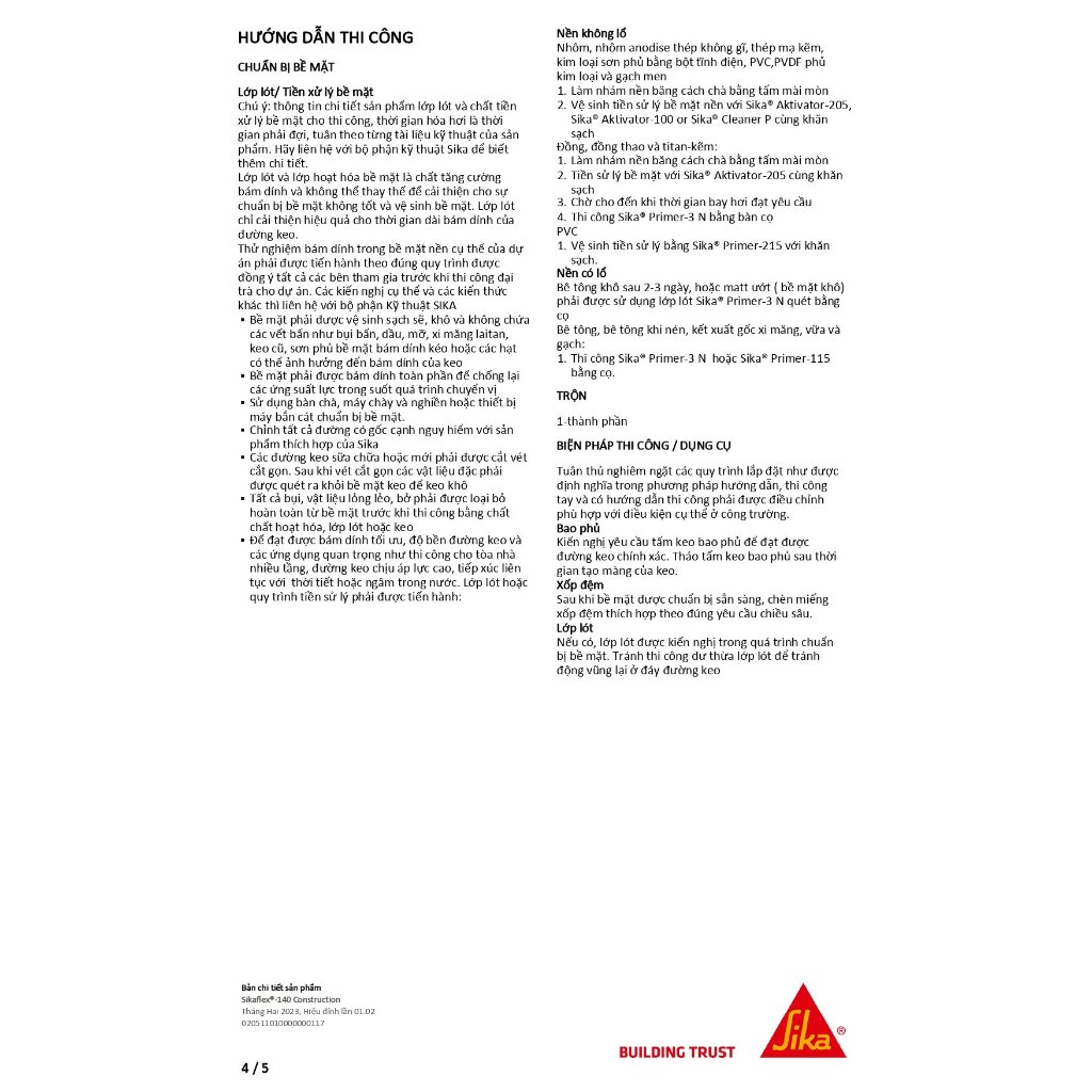 Keo trám khe đàn hồi vĩnh viễn, trám nứt cho tường và sàn - Sikaflex-140 Construction