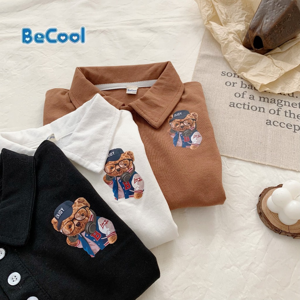 Áo Polo Dài Tay Có Cổ In Hình Chú Gấu BECOOL, Áo Polo Dài Tay Thu Đông In Hình Chú Gấu Cho Bé Từ 10 -27kg