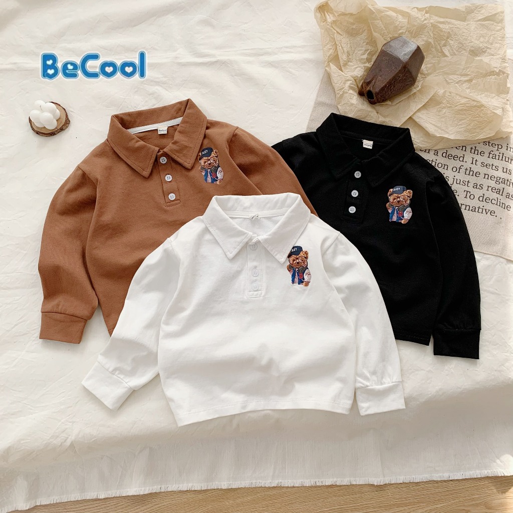 Áo Polo Dài Tay Có Cổ In Hình Chú Gấu BECOOL, Áo Polo Dài Tay Thu Đông In Hình Chú Gấu Cho Bé Từ 10 -27kg