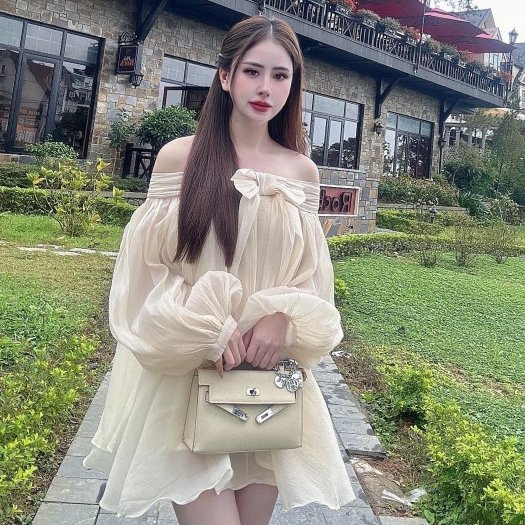 Váy Monadress tơ tay bồng nơ ngực tiểu thư,Monadress tiểu thư tay bồng Winny Sotre
