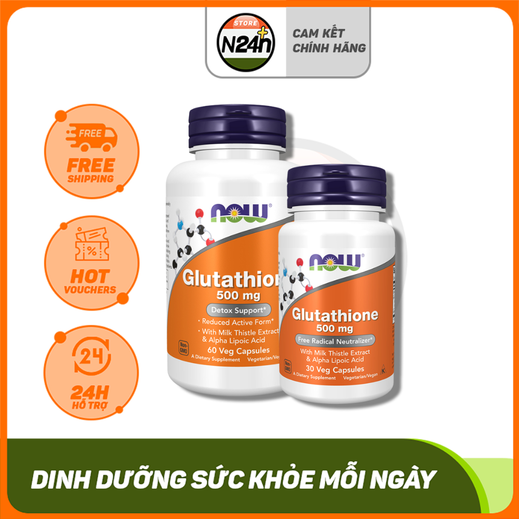 Now Glutathione 500mg Viên Uông Trắng Da Đẹp Da Trê Hóa Da và Chống Oxy Hóa Giúp Da Trẻ Khỏe Now Glutathion 60 viên.