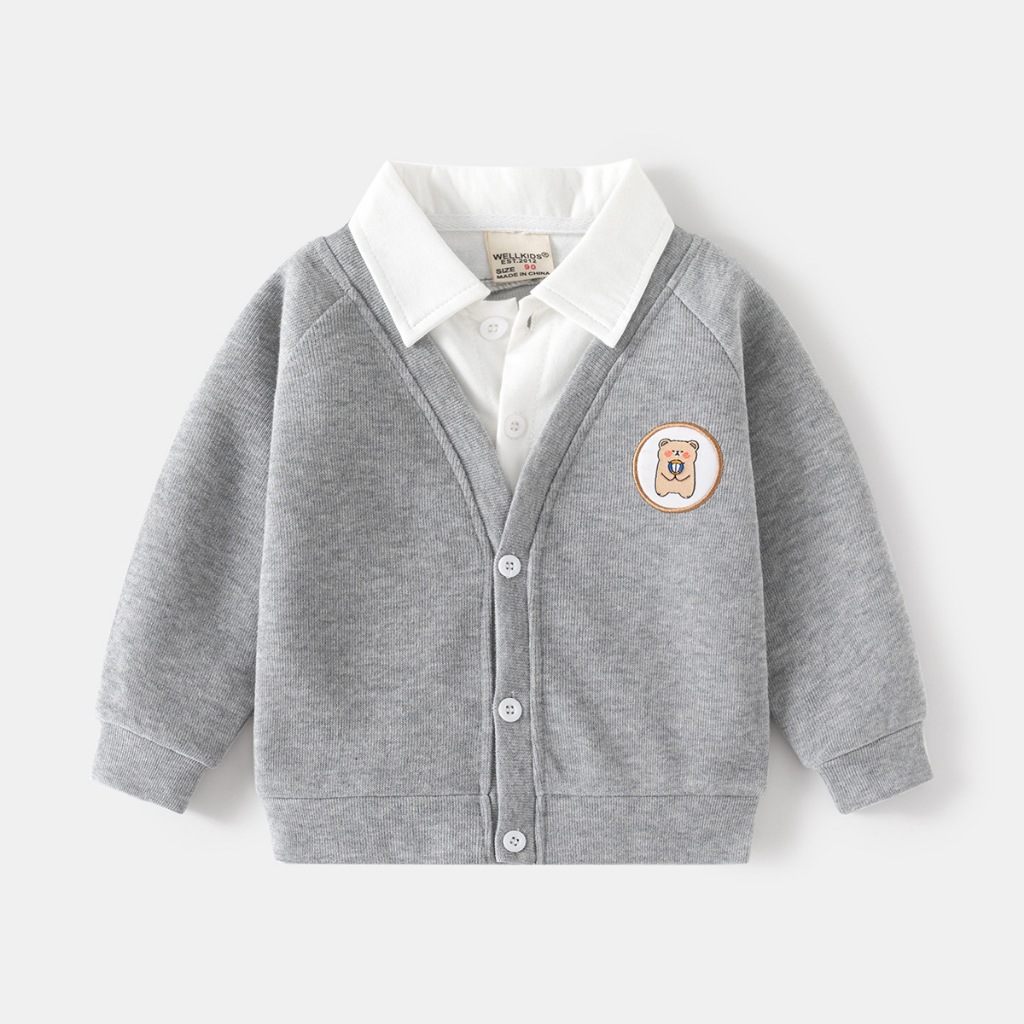 Áo Cardigan cho bé WELLKIDS áo khoác len bé trai phối cổ sơ mi họa tiết gấu đáng yêu thu đông 2023