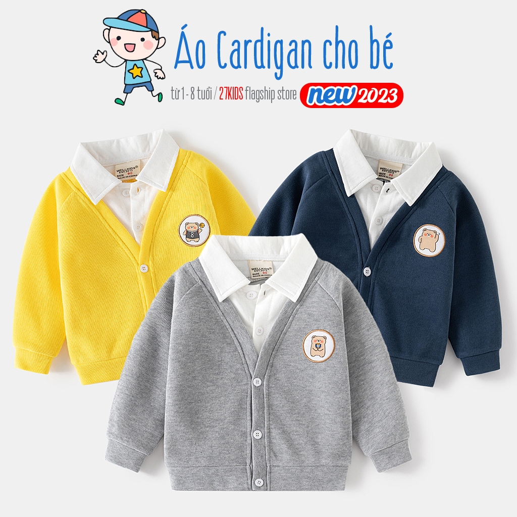 Áo Cardigan cho bé WELLKIDS áo khoác len bé trai phối cổ sơ mi họa tiết gấu đáng yêu thu đông 2023