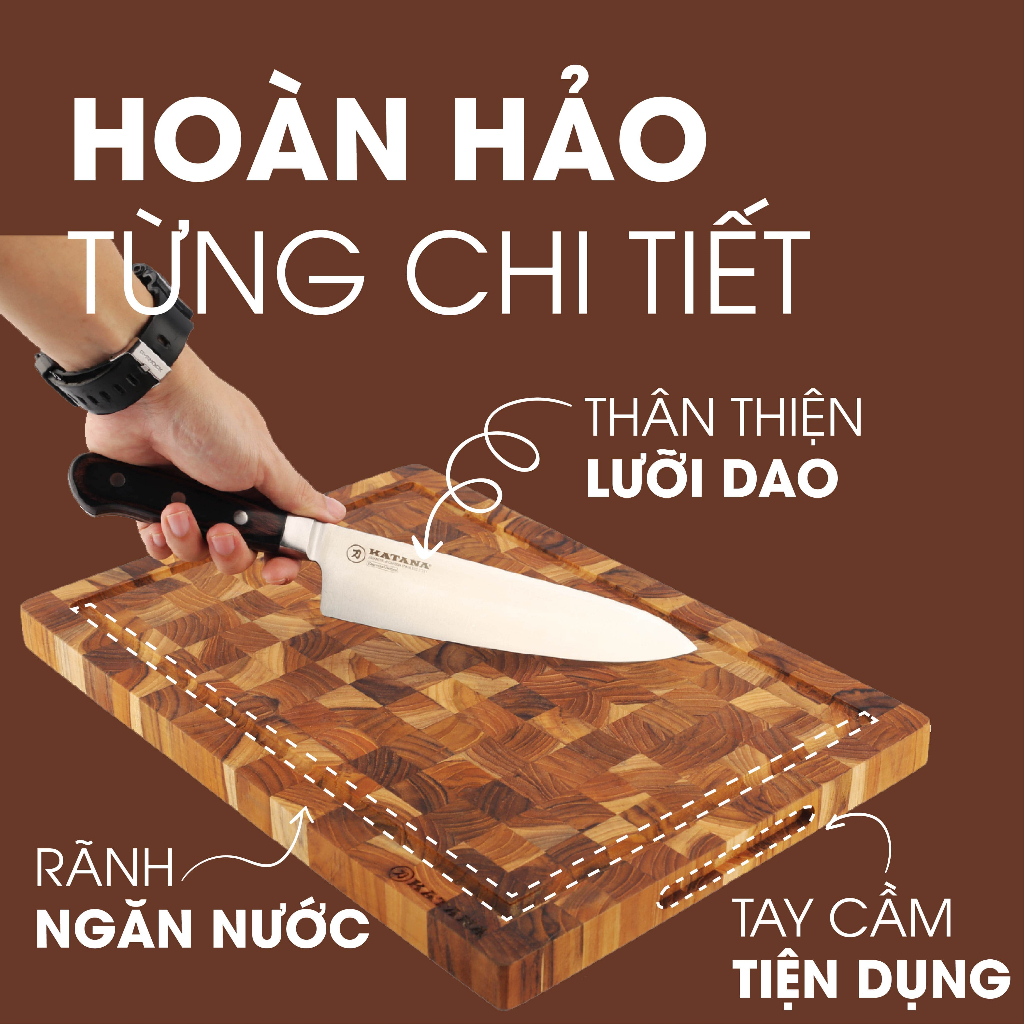 Thớt Gỗ Teak KATANA Tiện Dụng An Toàn Thực Phẩm KT00 Size 200x300x25mm Hình Chữ Nhật