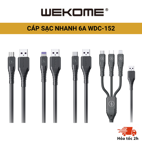 Cáp sạc nhanh 6A Wekome WDC-152 cổng IPh, Micro,Type C,3in1 dây cao su chống đứt gãy 1m