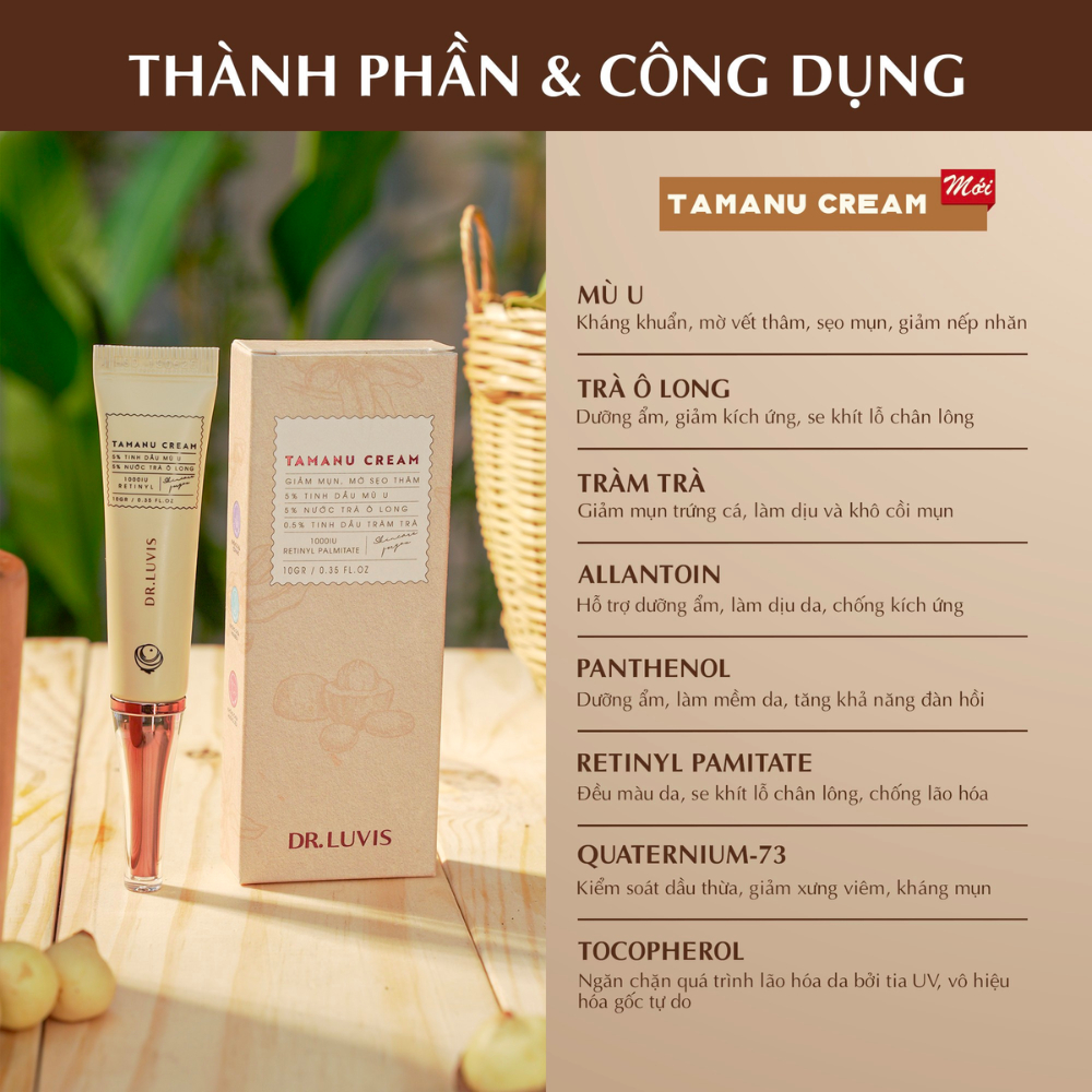 Bộ 2 kem mụn Mù U - Tamanu Cream, Sữa rửa mặt Olong Gel Dr.Luvis