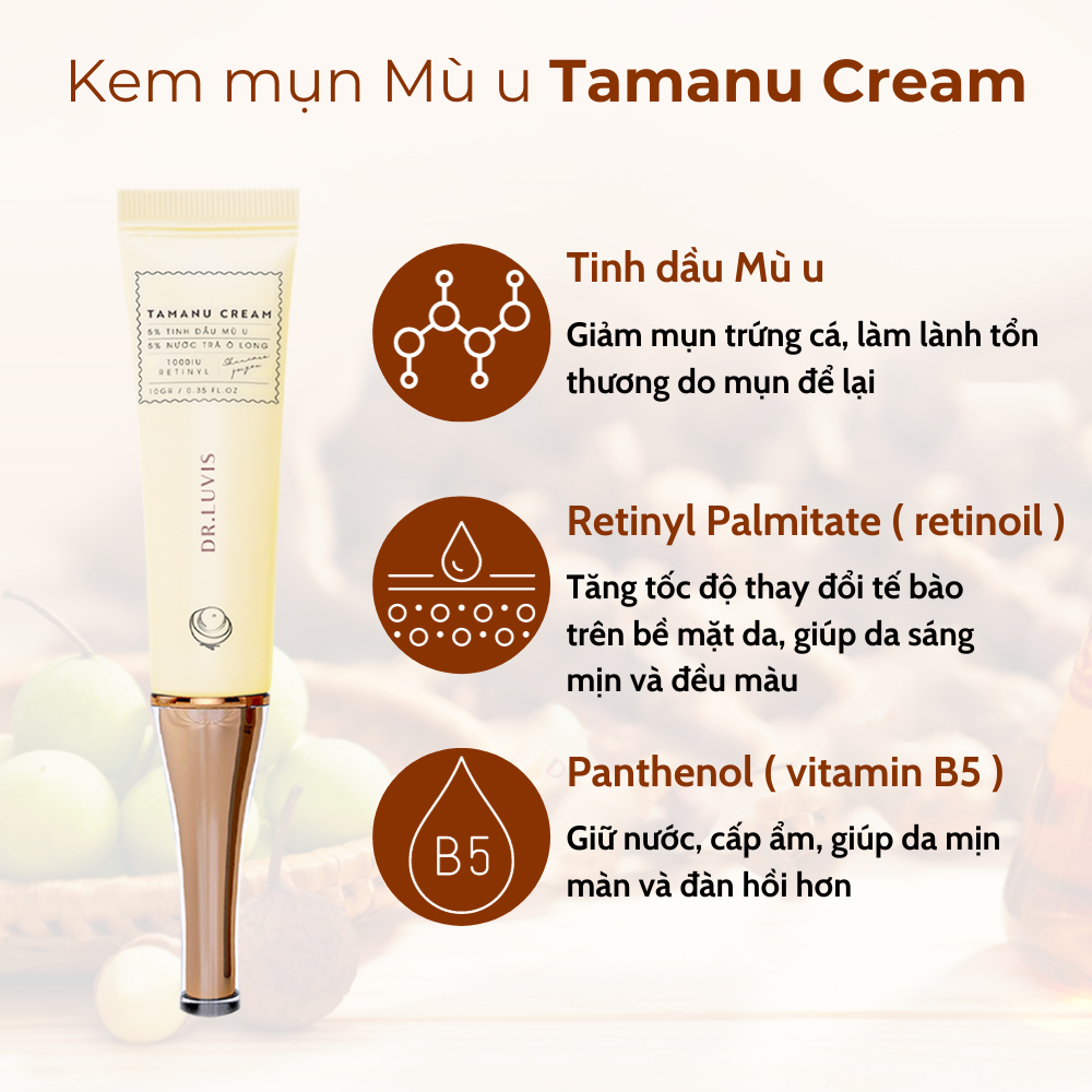 Bộ 2 kem mụn Mù U - Tamanu Cream, Sữa rửa mặt Olong Gel Dr.Luvis