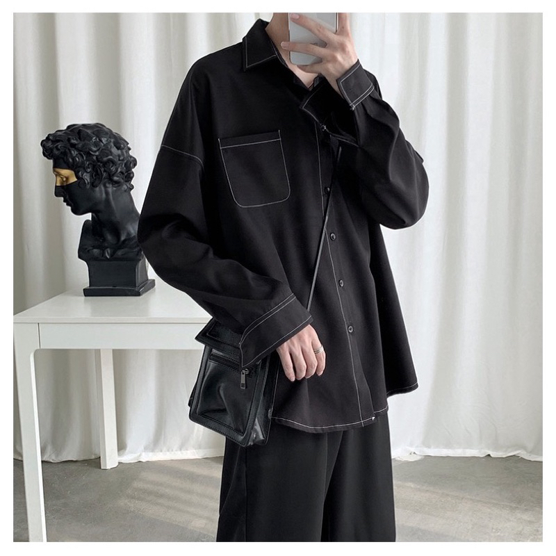 Áo Sơmi Lụa tay dài CHỈ NỔI màu ĐEN/TRẮNG phong cách Ulzzang 🖤 Nam Nữ 🖤 Áo Sơ mi form rộng Jaystoree