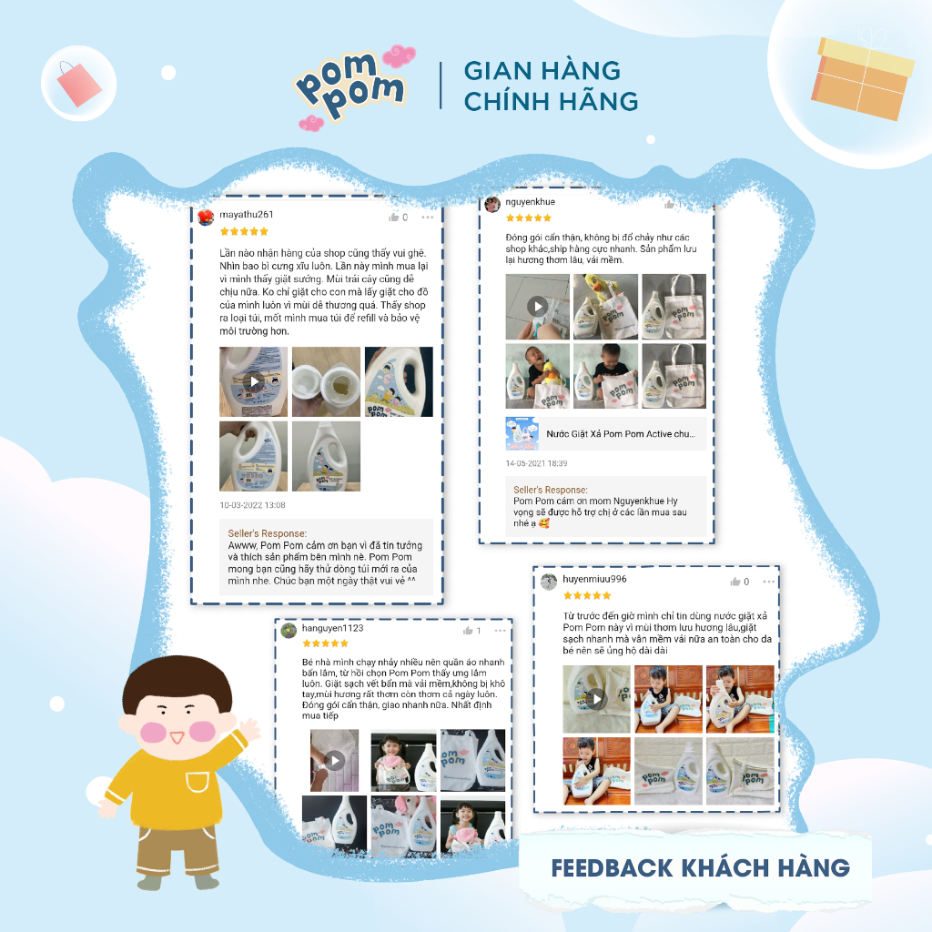 Nước Giặt Xả 2IN1 Pom Pom Active Giặt Sạch Vết Dơ, Dưỡng Vải, Giữ Màu Sáng Mới, Dịu Nhẹ Da Tay