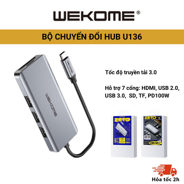 HUB USB 3.0 U136 WEKOME cho laptop - Cổng chuyển đổi HUB USB Type-C-USB2.0/HDMI/USB3.0/SD/TF/PD