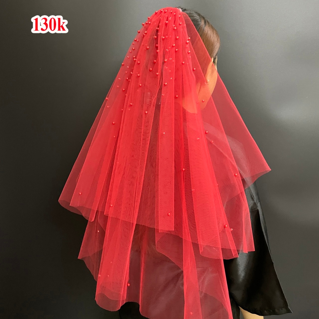 Voan cô dâu đỏ đính hạt dày dáng xòe đẹp