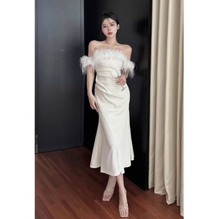 (V300) váy lông dự tiệc sang chảnh trắng ôm sát