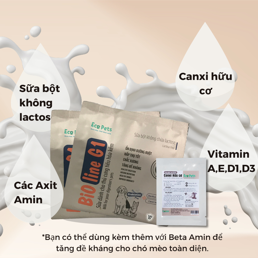 Sữa bột cho chó mèo BIOLINE G1 ECOPETS sữa dê hòa tan cung cấp dinh dưỡng canxi cho mèo con mèo bầu 100GR