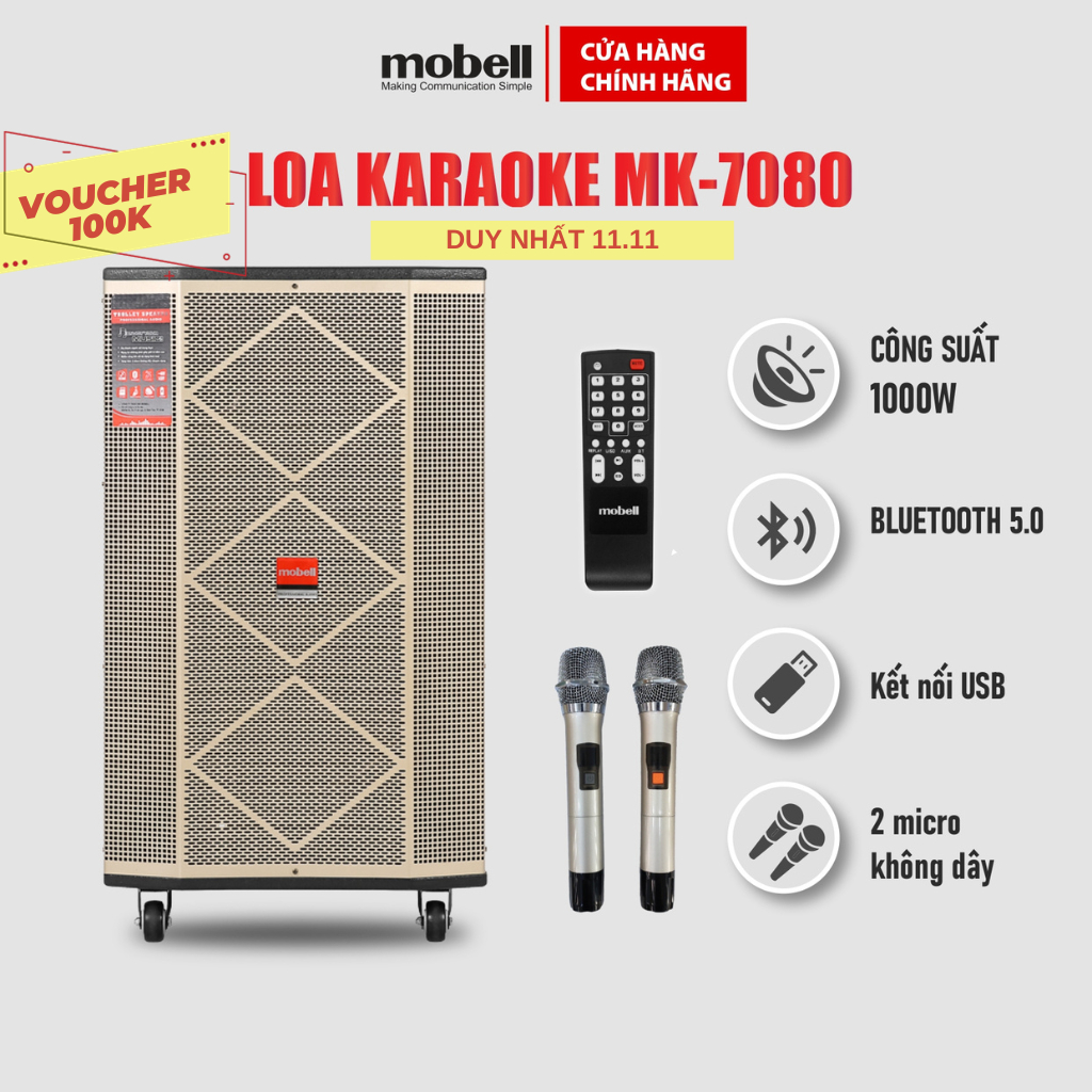 Loa kéo karaoke Mobell 7080-OL loa 3 đường tiếng công suất 1000W tặng kèm 2 micro bảo hành 12 tháng