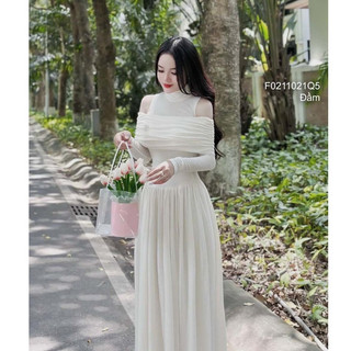 Đầm maxi dáng dài xòe thun nhũ trễ vai tay dài!