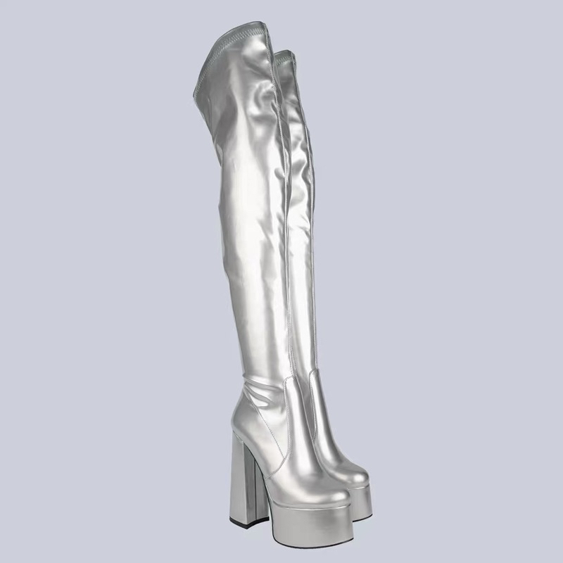SẴN 39 BOOT BẠC DA LÌ CAO 15CM GÓT TRỤ DÀI QUA GỐI LÓT LÔNG CHỐNG THẤM HÚT MỒ HÔI