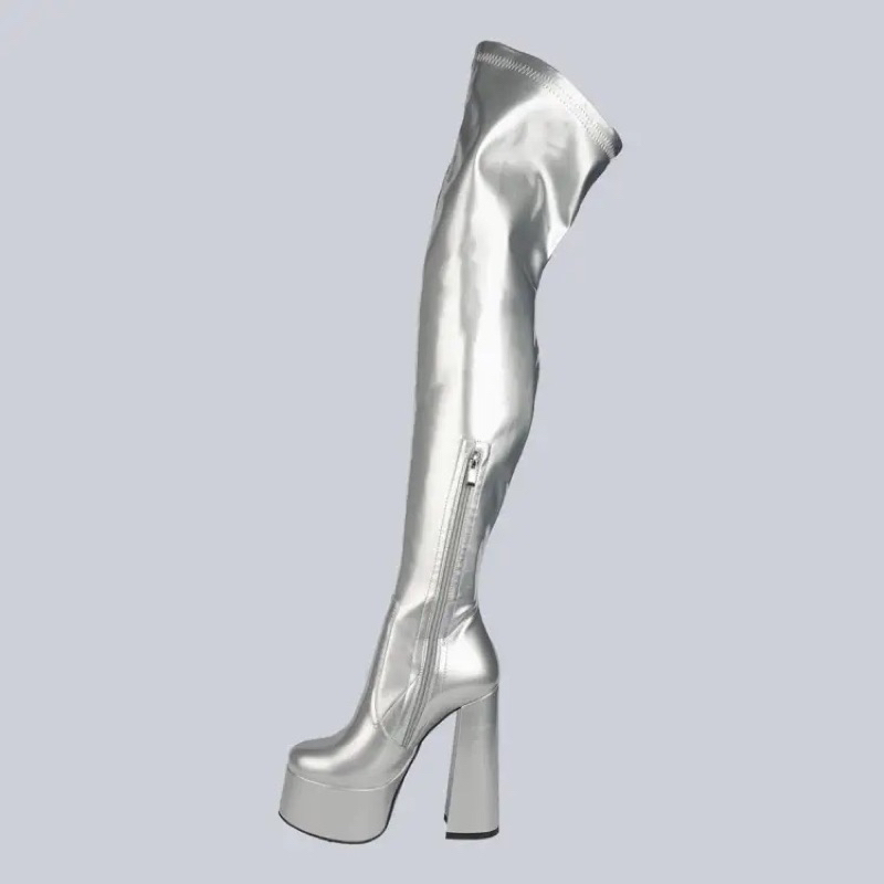 SẴN 39 BOOT BẠC DA LÌ CAO 15CM GÓT TRỤ DÀI QUA GỐI LÓT LÔNG CHỐNG THẤM HÚT MỒ HÔI