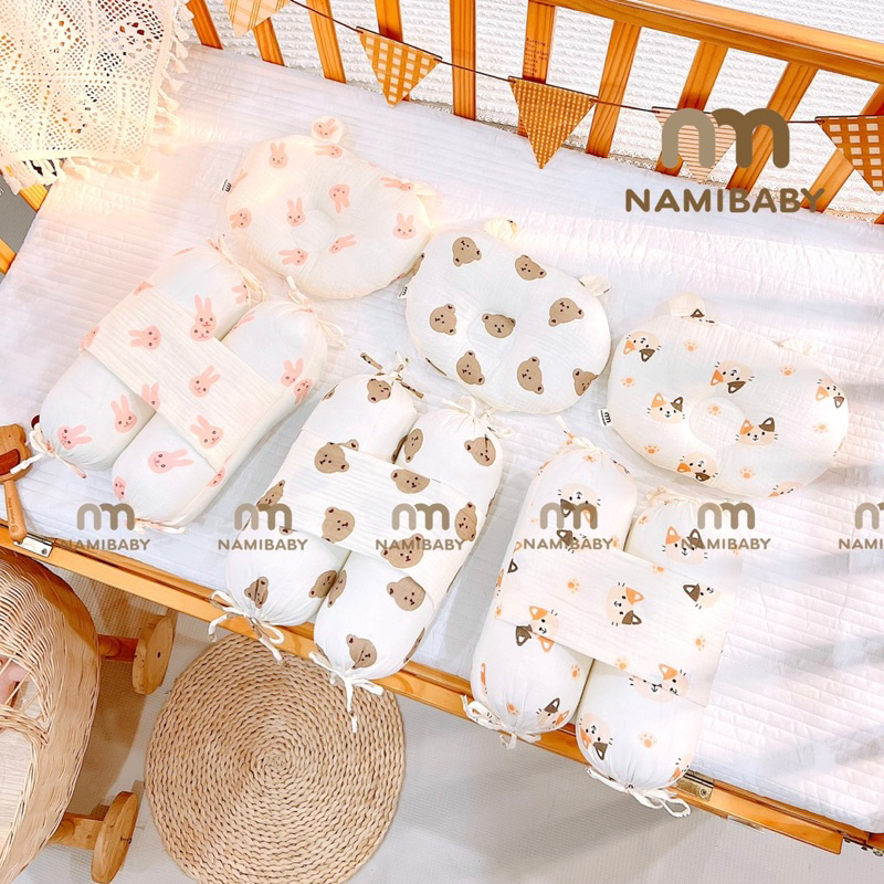 Combo Bộ Chặn Bông Xô Muslin Kèm Gối Lõm Sơ Sinh Hãng Nami