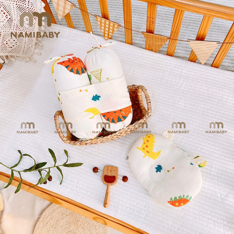 Combo Bộ Chặn Bông Xô Muslin Kèm Gối Lõm Sơ Sinh Hãng Nami