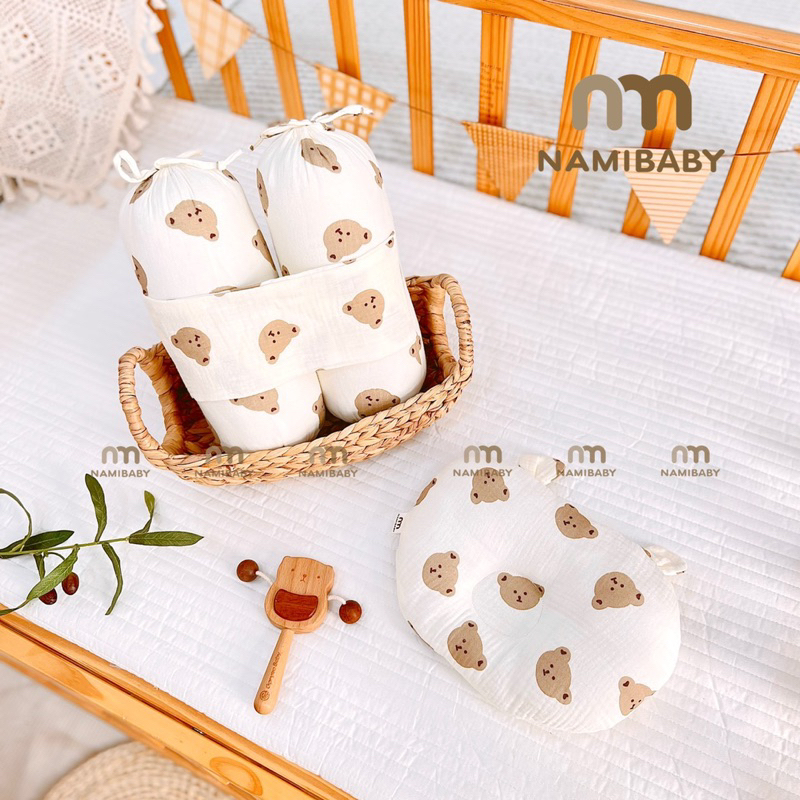 Combo Bộ Chặn Bông Xô Muslin Kèm Gối Lõm Sơ Sinh Hãng Nami