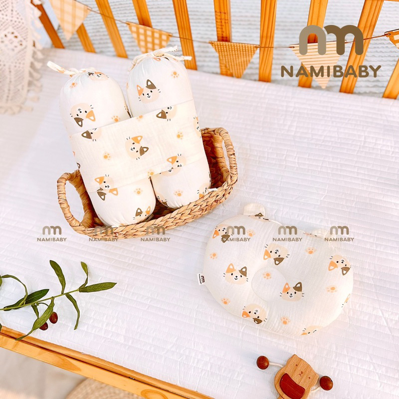 Combo Bộ Chặn Bông Xô Muslin Kèm Gối Lõm Sơ Sinh Hãng Nami